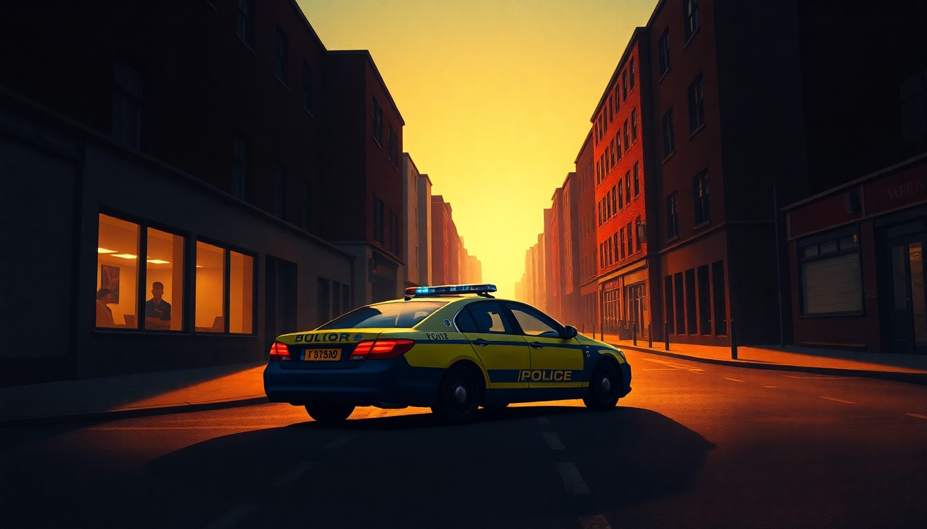 A photorealistic painting of a Durham police car parked on a quiet city street, with warm sunlight casting long shadows across the pavement, conceptually representing the thoughtful process of selecting a new police chief.
