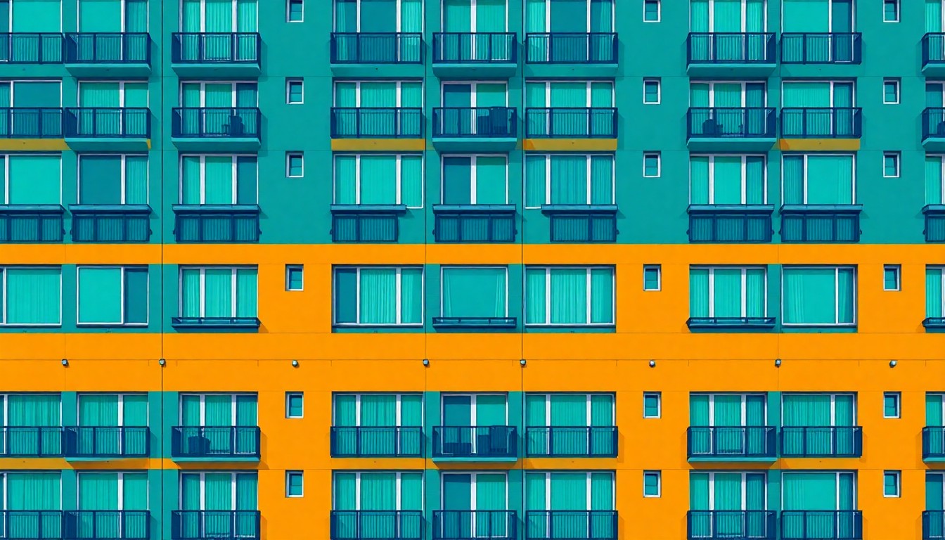 A bold, colorful silkscreen print featuring a repeating pattern of a luxury apartment building's facade in shades of blue, green, and ochre, capturing the architectural elegance and prestige of Boston's Back Bay neighborhood.