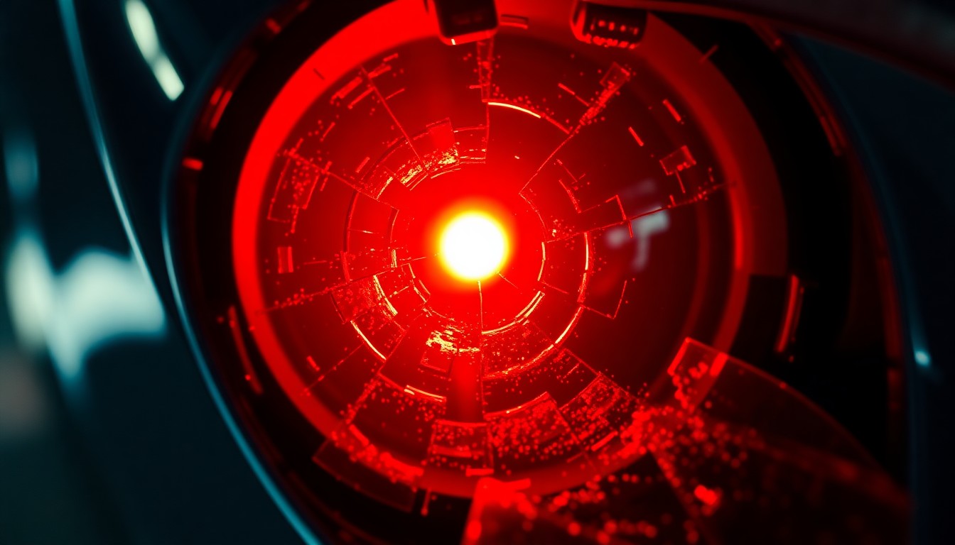 An extreme close-up of a shattered car sensor lens reflecting a faint red light, conceptually illustrating the vandalism of self-driving cars.