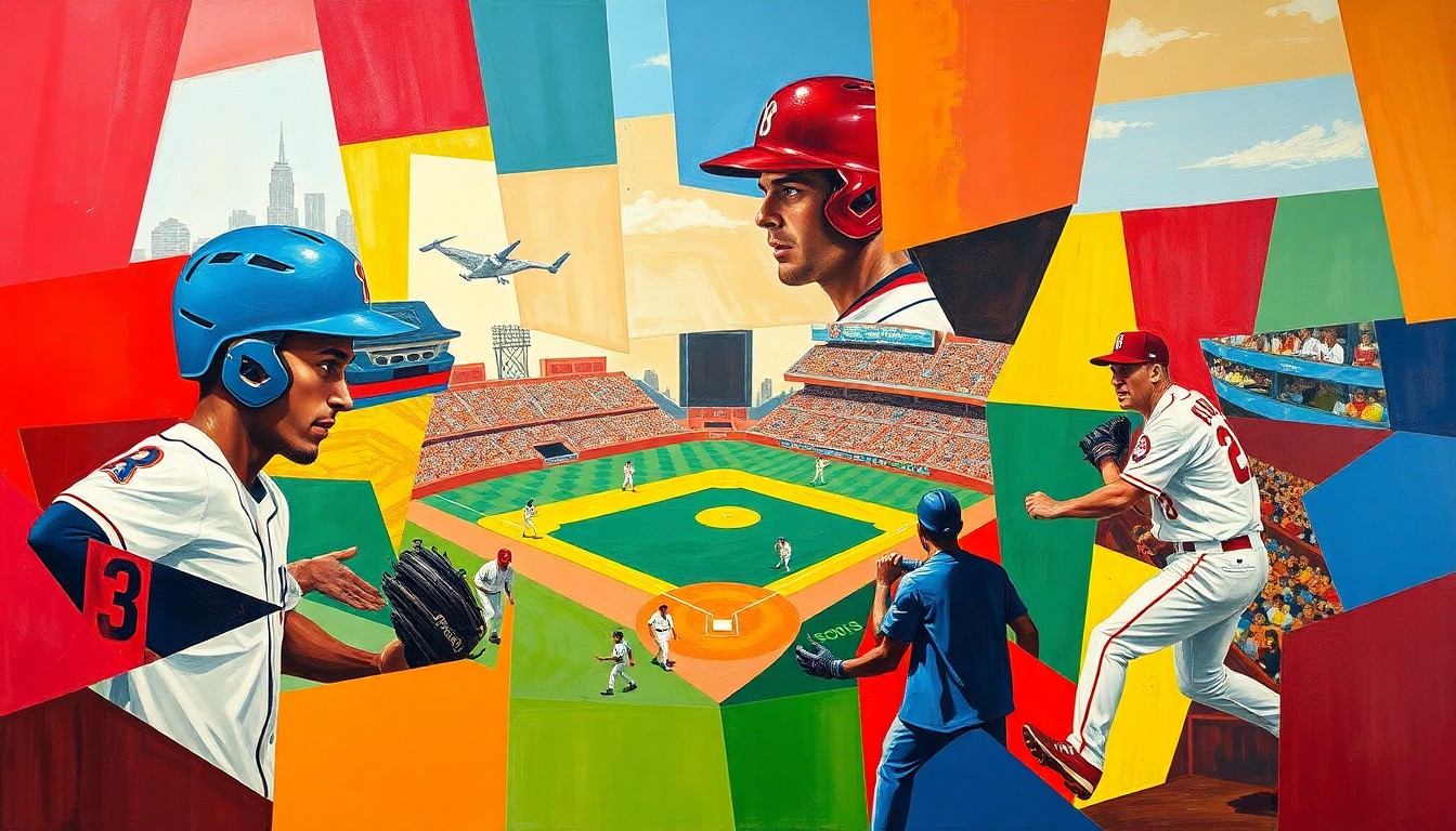 A fragmented, geometric painting depicting baseball players, bats, and stadiums in a vibrant color palette of red, blue, yellow, and green, capturing the bold, experimental spirit of MLB's City Connect uniform program.