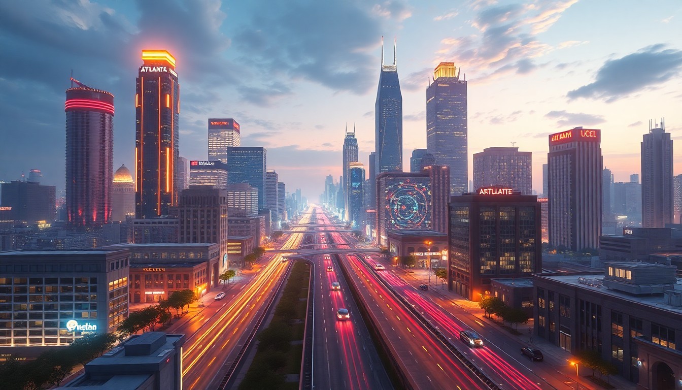 A vibrant, neon-lit 3D illustration of a futuristic Atlanta cityscape, featuring glowing skyscrapers, autonomous vehicles, and data infrastructure, conveying a sense of technological innovation and progress.