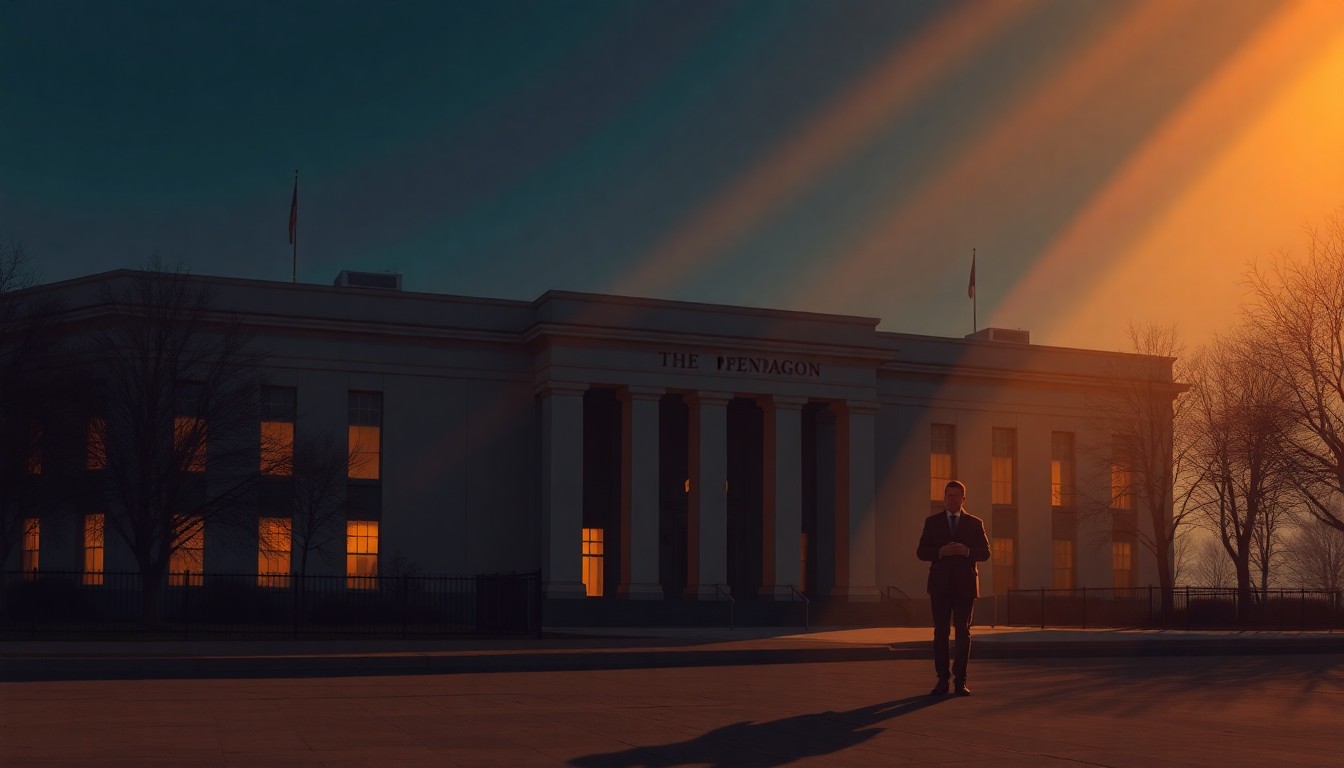A cinematic painting of a lone reporter standing outside the imposing Pentagon building, the structure's angular facade casting deep shadows across the scene as warm sunlight bathes the figure, conveying a sense of quiet contemplation and the weight of the struggle to uphold press freedoms.