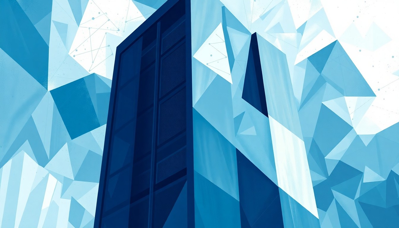 A fractured, abstract painting depicting a large data server tower in shades of blue, grey, and white, with overlapping geometric shapes and waves of color representing the rapid growth and energy demands of AI infrastructure.