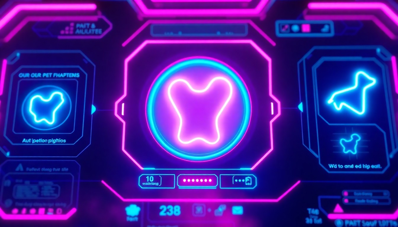 A highly detailed, glowing 3D macro illustration of a digital pet adoption platform interface, with neon cyan and magenta lights illuminating the various interactive elements. The interface feels futuristic and high-tech, representing the AI-powered matching capabilities of the system.