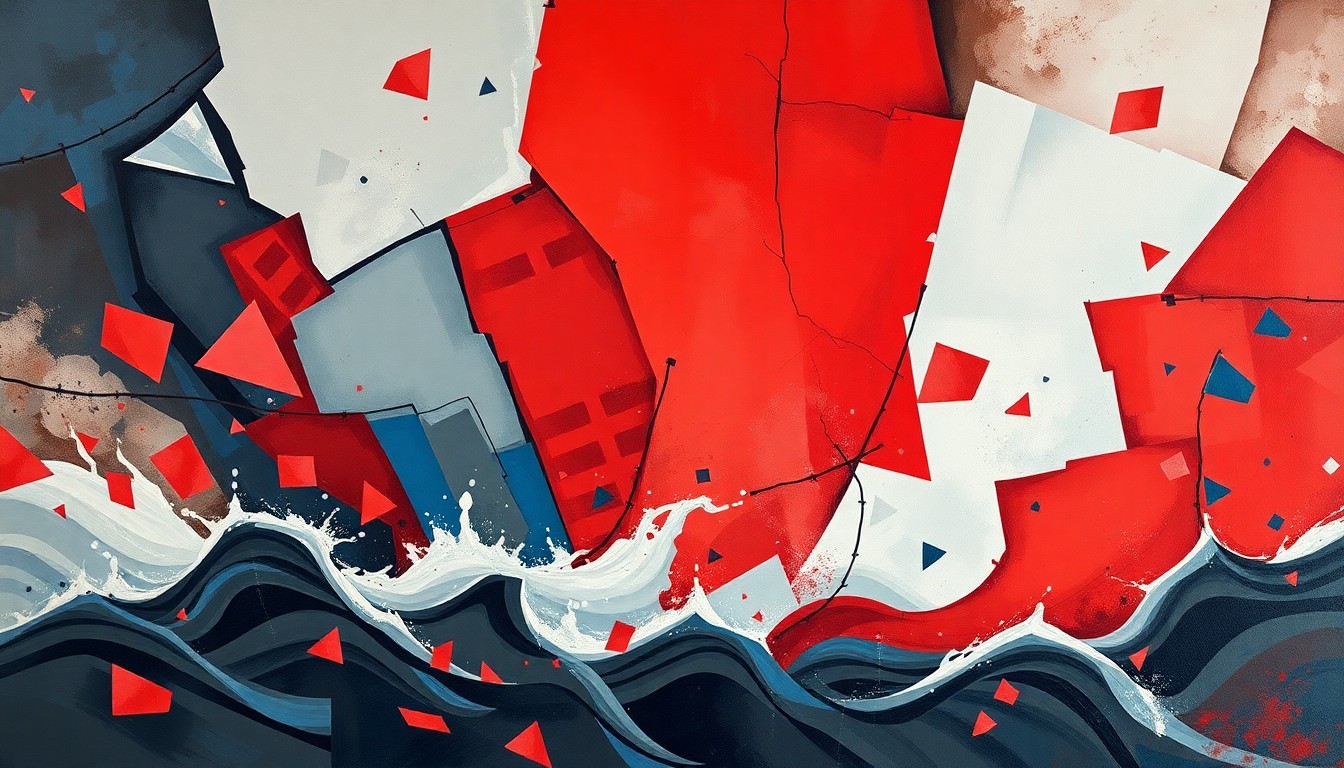 An abstract, dynamic painting with overlapping, fractured geometric shapes and waves of color in shades of red, blue, and gray, conceptually representing the political tensions and momentum of the May Day protests.