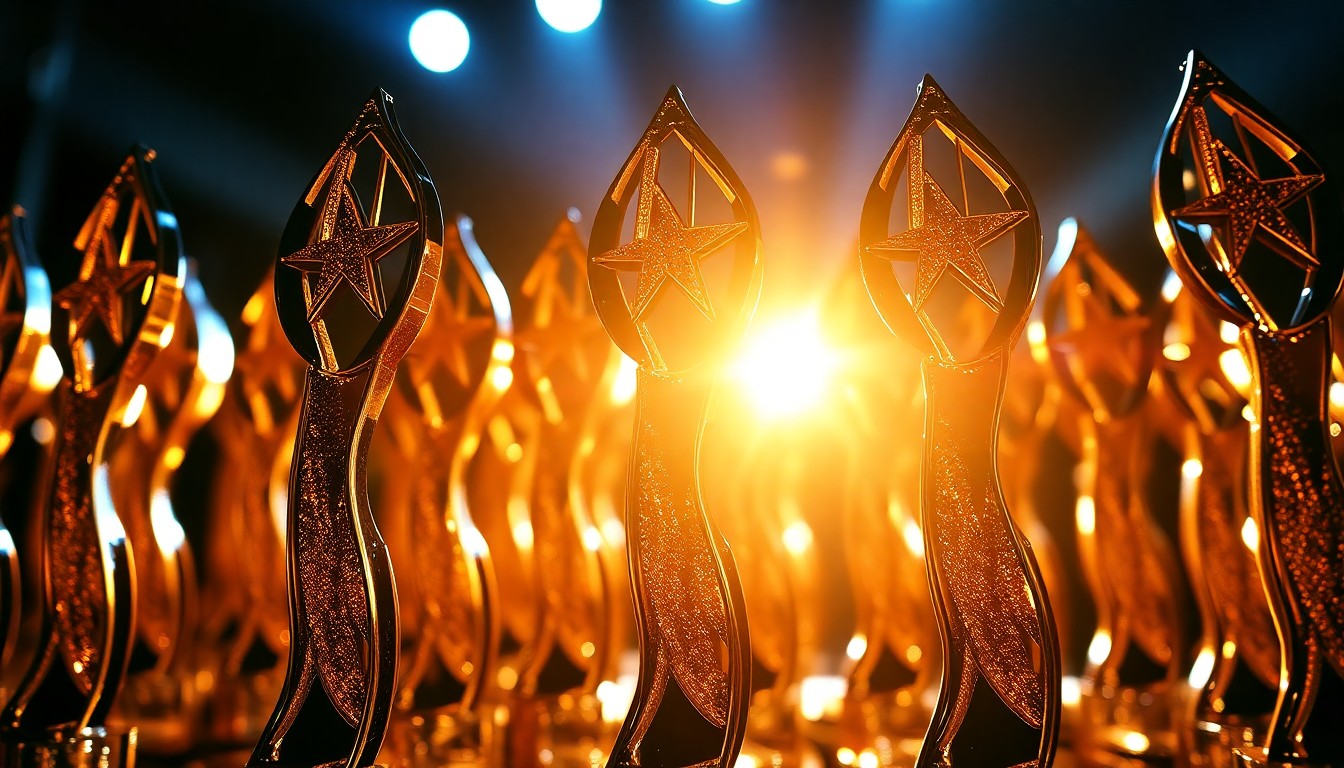 An extreme close-up photograph of shimmering country music award statuettes in dramatic studio lighting, capturing the glitz and glamour of the ACM Awards ceremony.