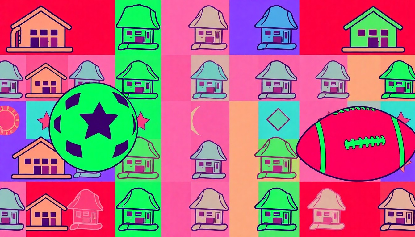 A brightly colored, high-contrast silkscreen print featuring repeated icons representing baseball, football, and a community center, rendered in a bold, pop art style to capture the energy and community focus of the City Park project.