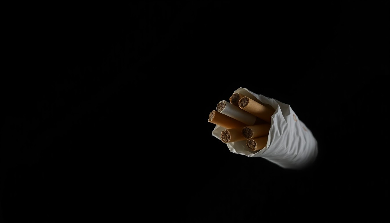 An extreme close-up of a crumpled pack of cigarettes, the harsh flash illuminating the textured surface and creating a stark, gritty aesthetic that conceptually represents the serious issues of underage substance abuse in the community.