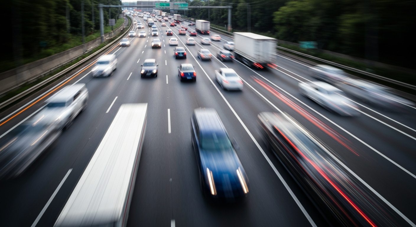 An abstract, colorful image with blurred streaks of motion representing the busy traffic on a highway, conceptually illustrating the need for the Highway 59 expansion project.