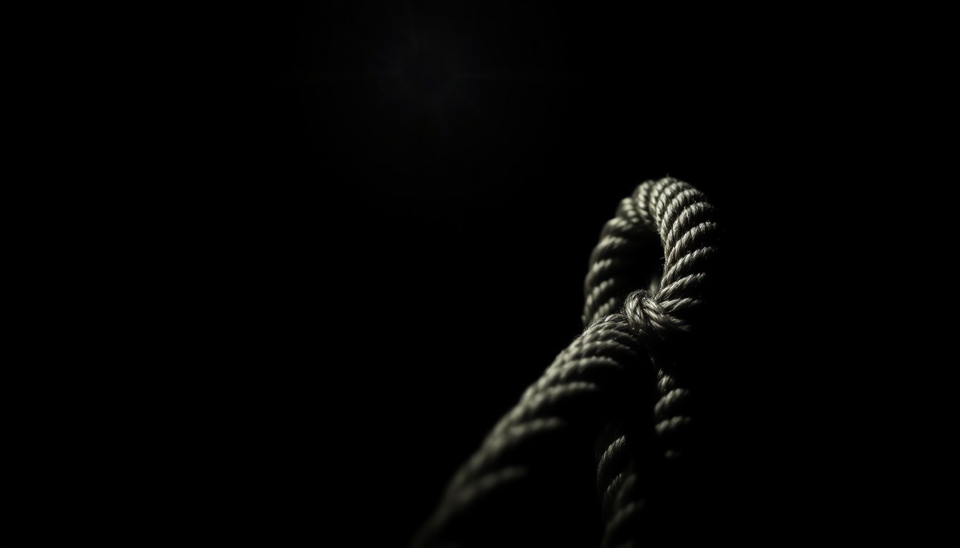 An extreme close-up photograph of a water rescue rope or other physical evidence from the scene, lit by a harsh, direct camera flash against a pitch-black background, creating a stark, gritty, investigative aesthetic.