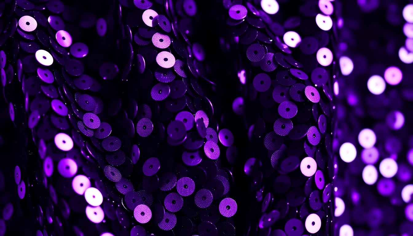 An extreme close-up photograph of shimmering purple sequins, capturing the luxurious textures and dramatic lighting associated with Prince's iconic musical style.