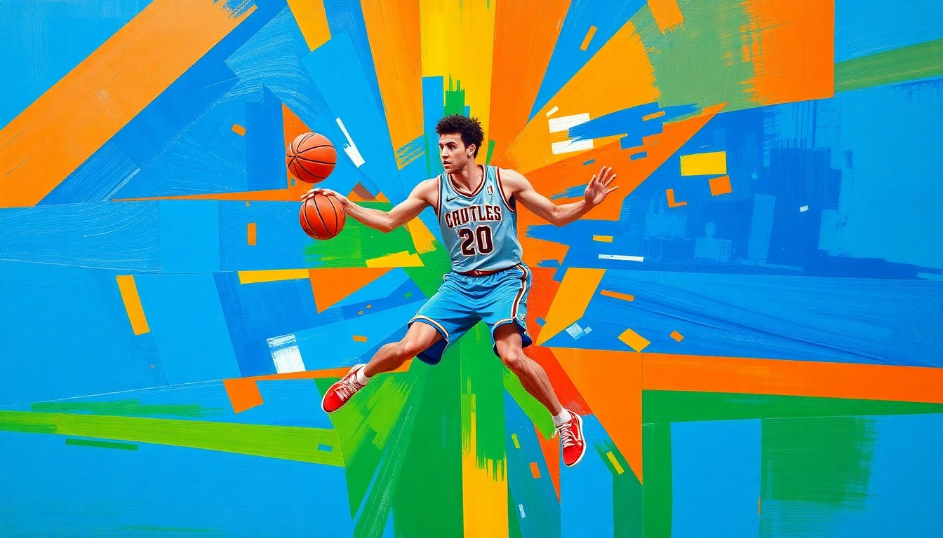 A cubist, geometric illustration depicting the movements and actions of a college basketball player, with sharp, overlapping planes of vibrant blue, orange, and green colors.
