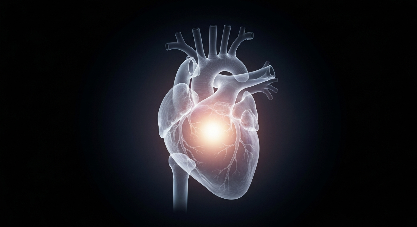 A translucent, ghostly X-ray image of a human heart glowing against a dark background, representing the emotional vulnerability and courage of an executive overcoming social anxiety.