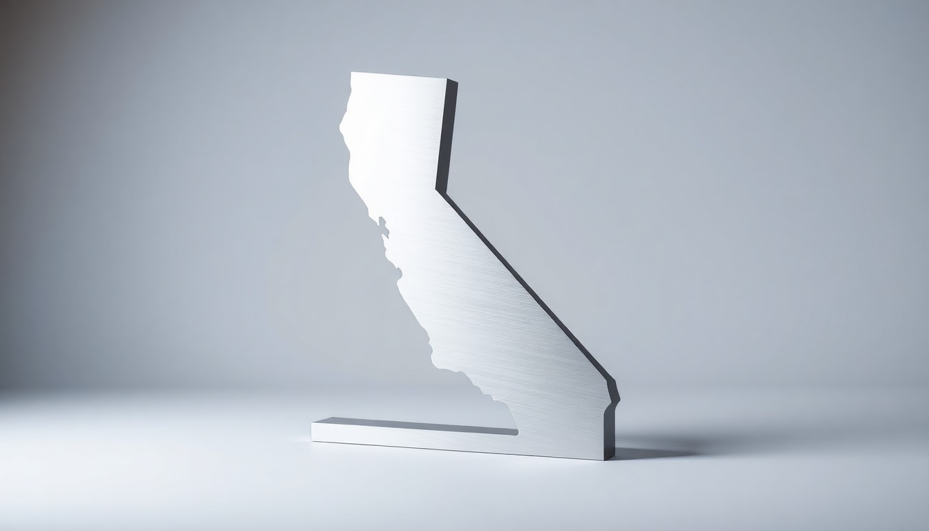A high-end, photorealistic studio still-life photograph featuring a polished, geometric metal sculpture in the shape of the California state outline, resting on a clean, monochromatic background and reflecting the dramatic studio lighting, conceptually representing the abstract corporate strategy and financial implications of companies leaving the state.