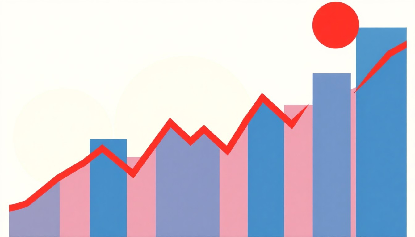 A minimalist composition of overlapping triangles and circles in shades of blue, red, and yellow, conceptually representing the fluctuating gas prices and uncertainty in the global energy market.