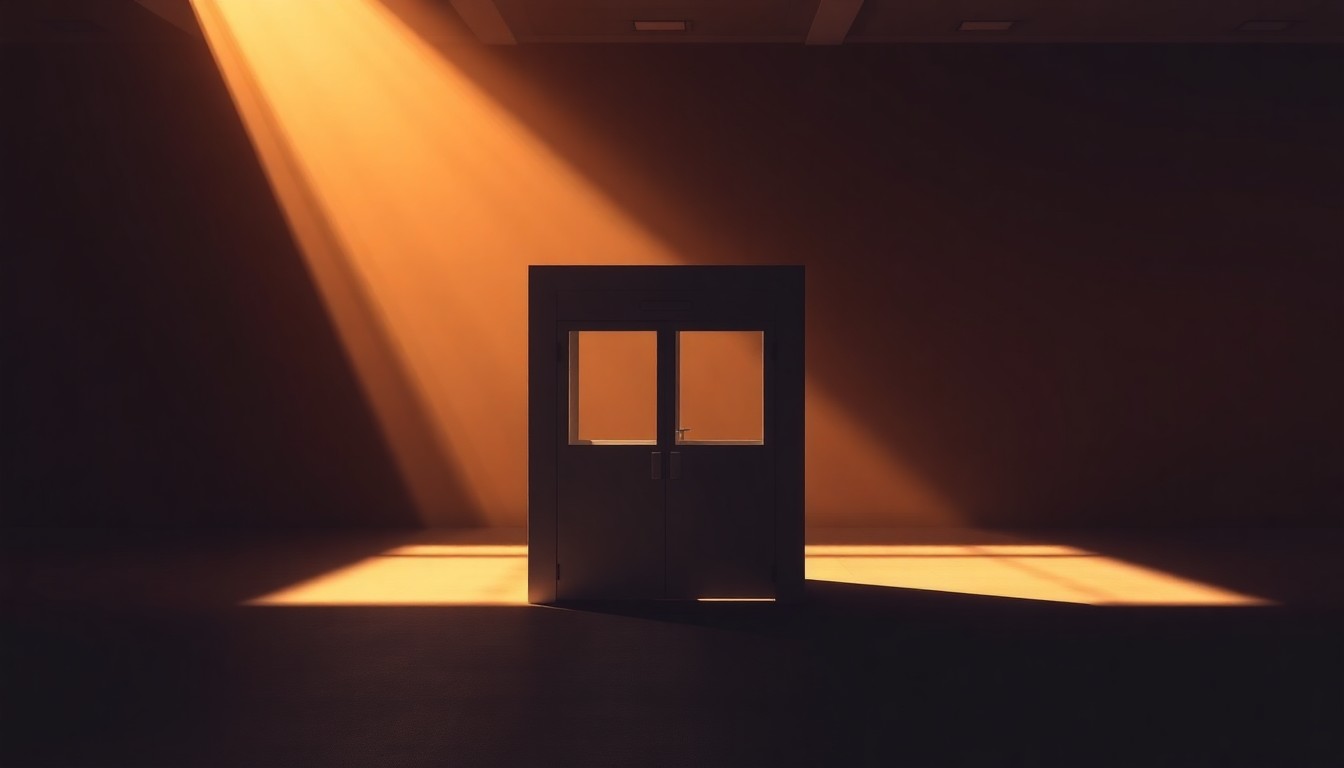 A photorealistic painting of a lone TSA security checkpoint booth, with warm sunlight streaming through the windows and deep shadows casting an ominous mood, conveying the sense of uncertainty and unease surrounding the government shutdown's impact on federal workers.