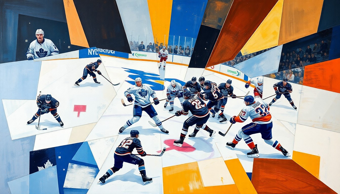 A fragmented, geometric painting depicting the dynamic action of a hockey game, with players and the rink deconstructed into abstract shapes and forms in the style of Pablo Picasso.