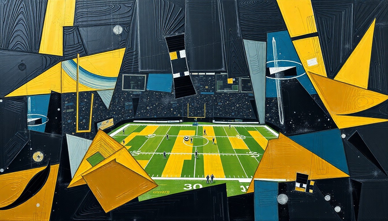 A fragmented, geometric painting depicting a football game broken down into sharp, angular shapes in a palette of black, gold, and steel blue, conceptually representing the Steelers' analytical approach to evaluating wide receiver prospects.