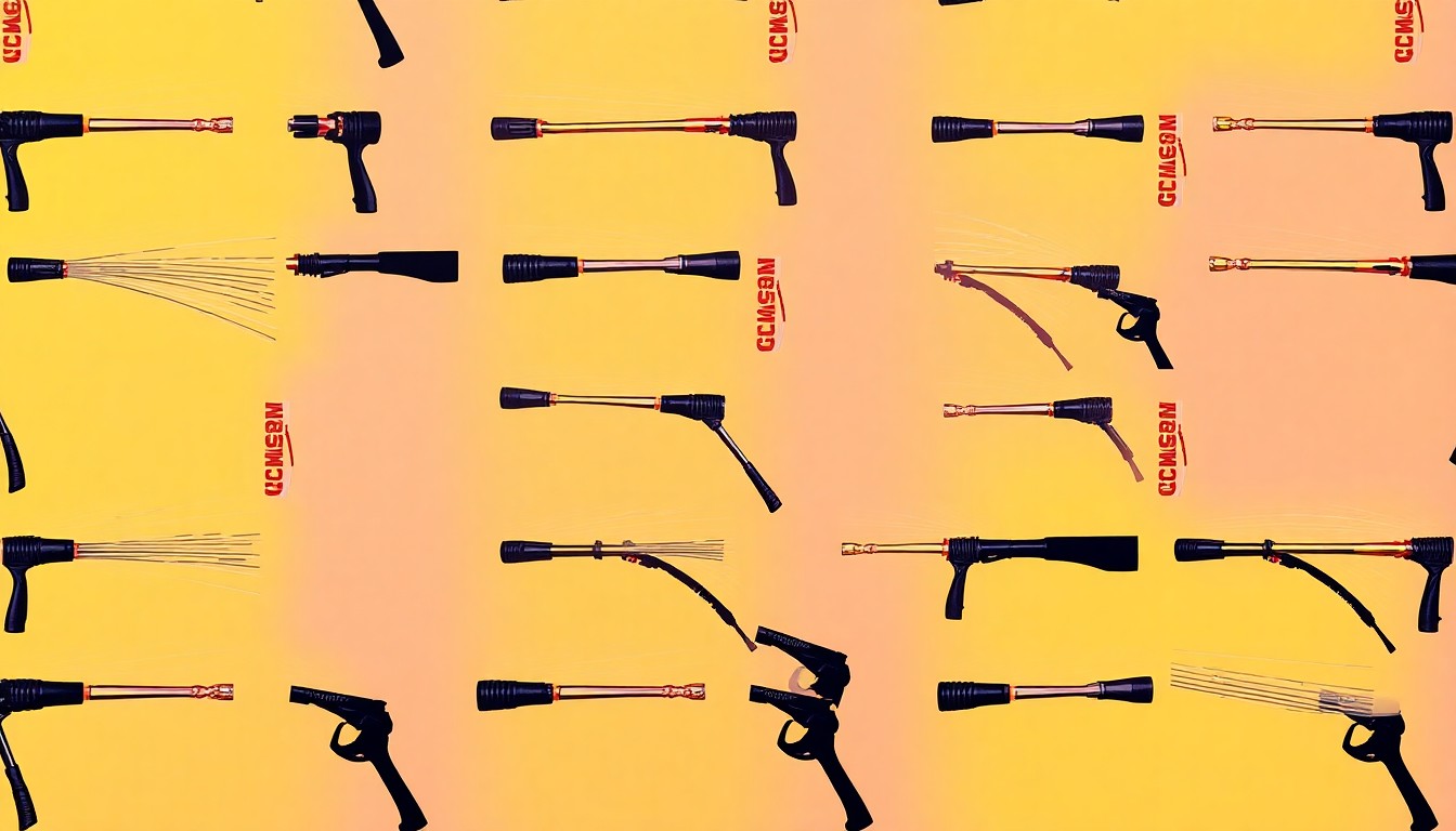 A bold, colorful silkscreen-style illustration featuring a pressure washing wand repeated in a grid pattern, capturing the importance of professional cleaning services for local properties.