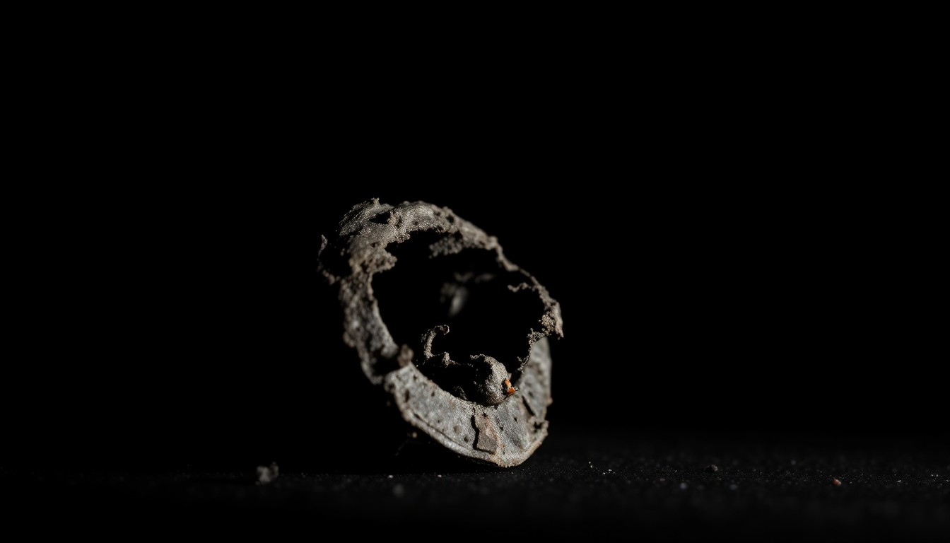 An extreme close-up photograph of a charred, twisted metal object from the home explosion site, lit by a harsh, direct camera flash against a pitch-black background, creating a stark, gritty, investigative aesthetic.