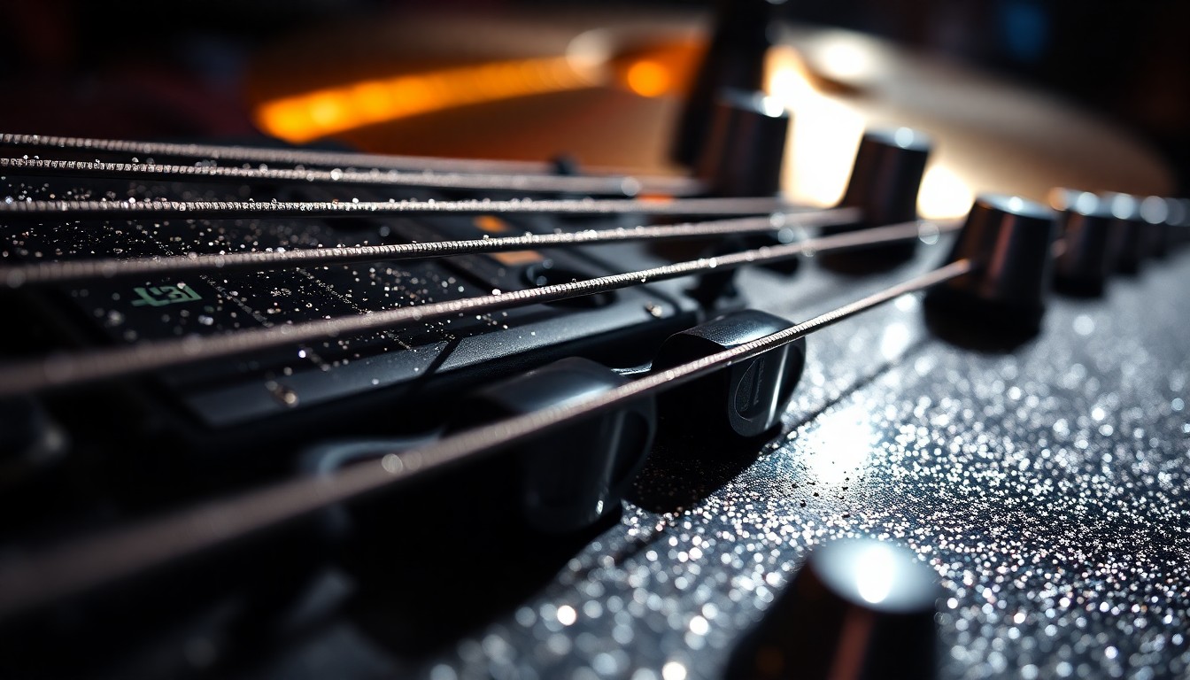 An extreme close-up photograph of shimmering, textured music equipment like guitar strings and mixing console knobs, shot in dramatic high-contrast studio lighting to capture the glamour and energy of music production.