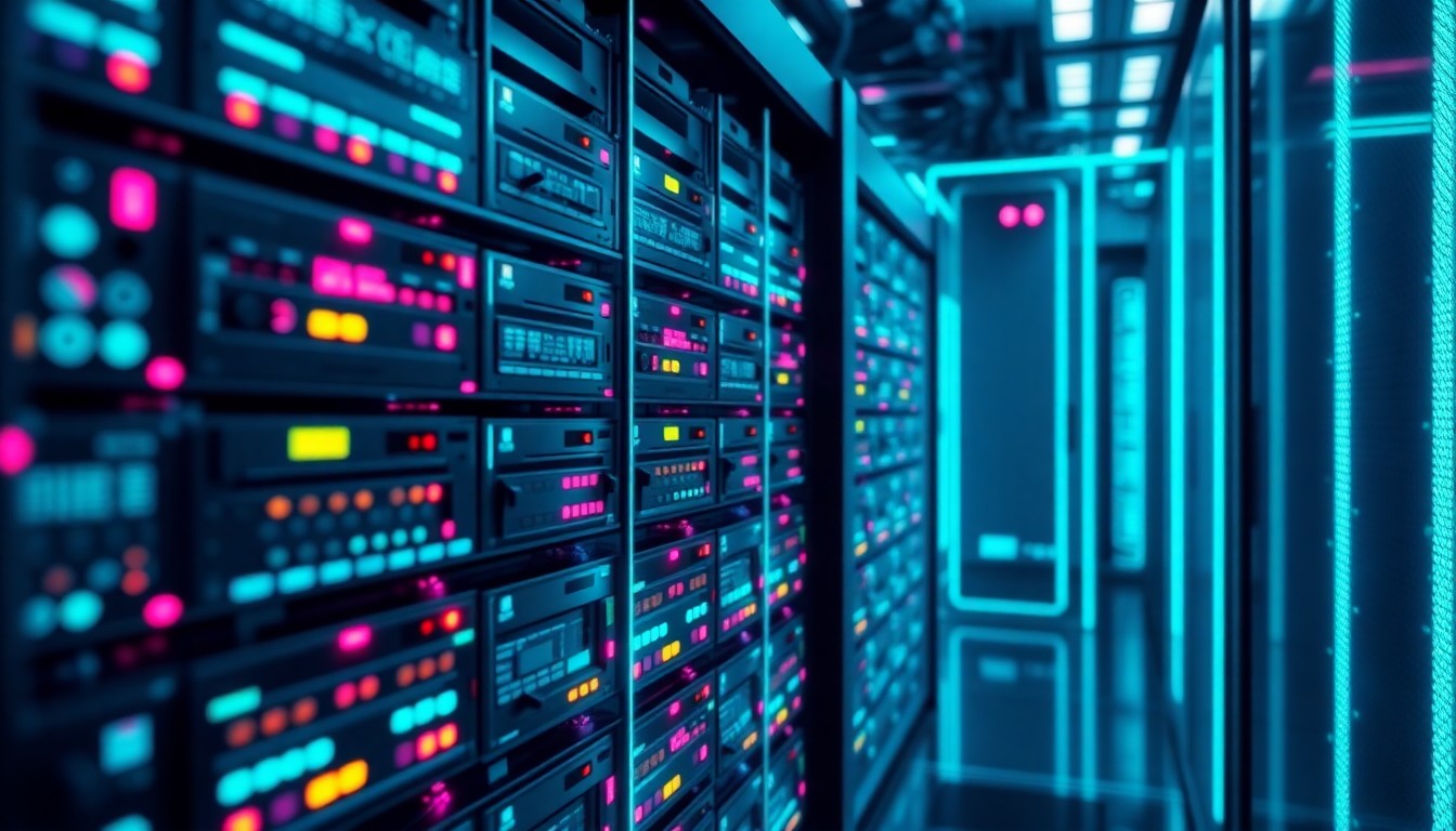 A highly detailed, glowing 3D illustration of a futuristic data center server rack, with neon cyan and magenta lights illuminating the intricate hardware components, conceptually representing the advanced technology powering the new AI facility.