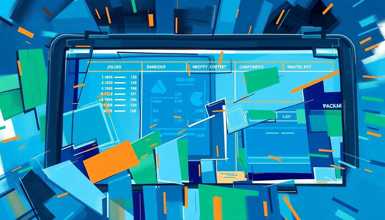 A vibrant, abstract painting of fragmented, overlapping geometric shapes and lines in shades of blue, green, and orange, conceptually representing the fast-paced, high-energy nature of sports gambling.