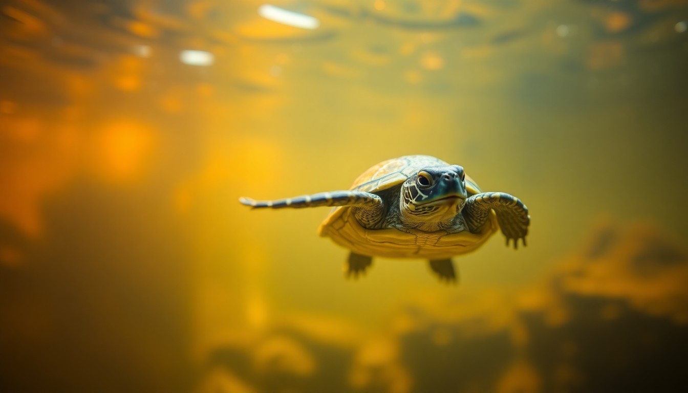 An extremely abstracted, out-of-focus photograph of a turtle swimming in a shallow aquarium, with soft, warm pools of light and color surrounding the reptile, conceptually illustrating the challenges of properly caring for exotic pets.