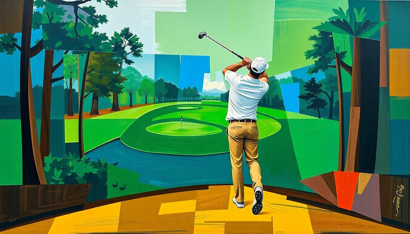 A fractured, multi-perspective painting depicting a golfer's swing and the Masters tournament in a cubist, geometric style using vibrant colors and sharp, overlapping planes.