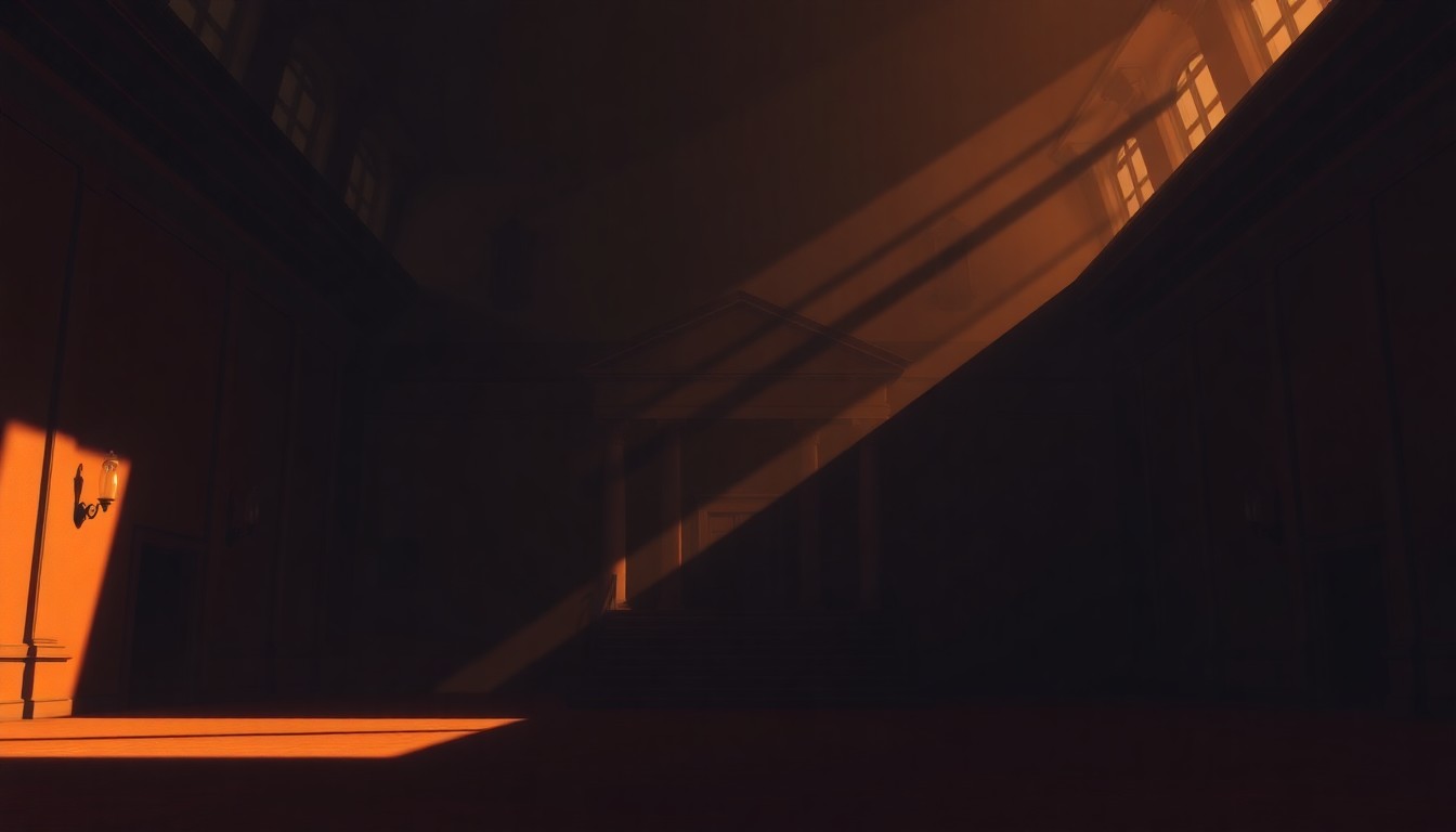 A dimly lit, cinematic painting of a government building or legislative chamber, with warm light streaming through the windows and deep shadows casting an air of contemplation and restraint.