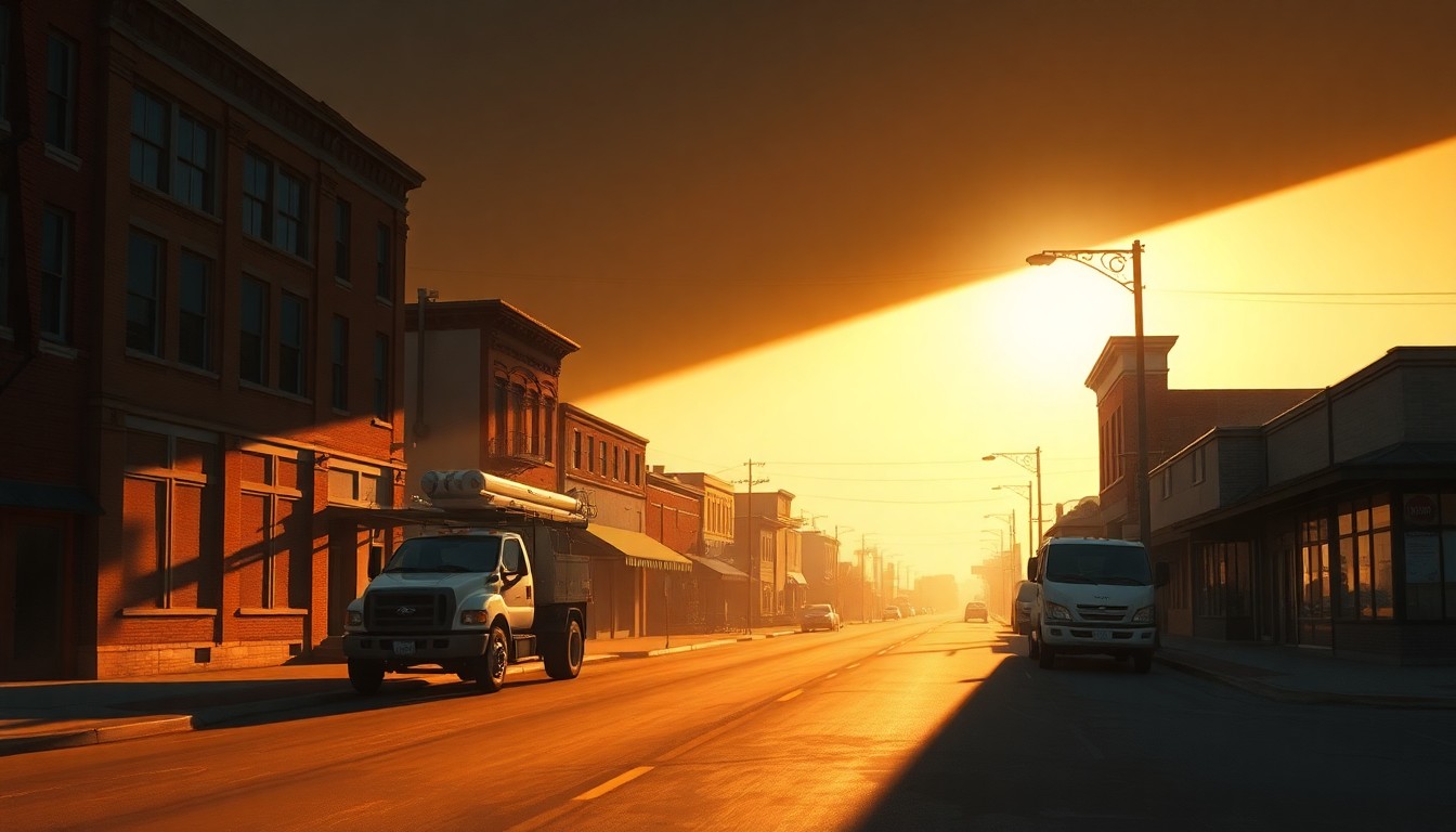 A serene, painterly scene of an empty Indianola street, with a utility truck parked along the curb and warm sunlight casting long shadows across the pavement, conveying a sense of quiet contemplation about the city's future.