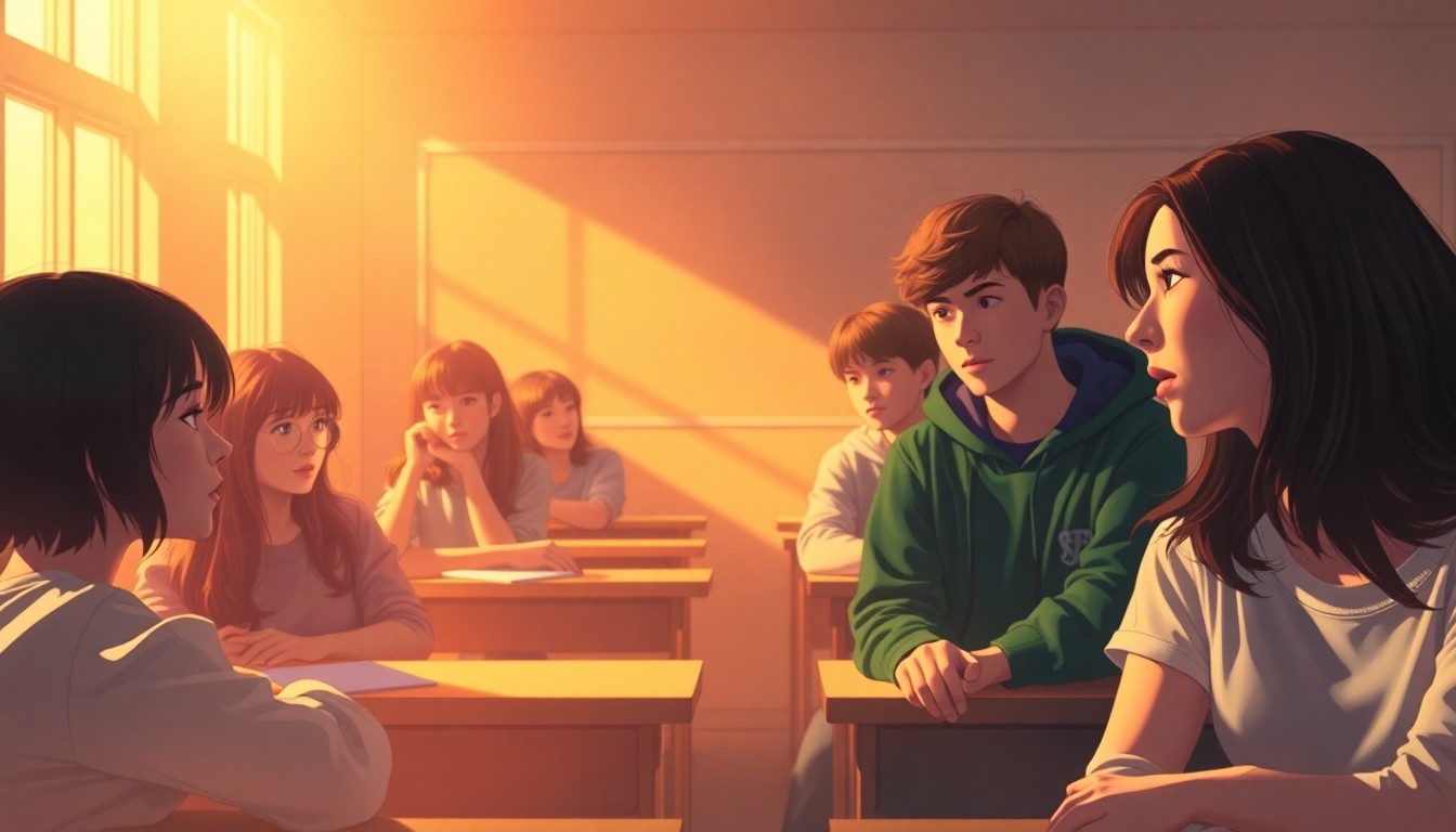 A blurred, impressionistic scene of high school students in a classroom, with soft, warm light and color creating a contemplative, dreamlike atmosphere.