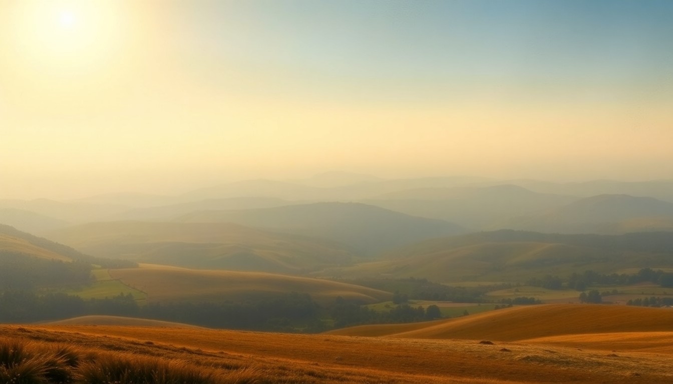 A vast, atmospheric landscape painting in muted earth tones, with a hazy horizon and dramatic lighting that creates a sense of the overwhelming scale of the natural environment.