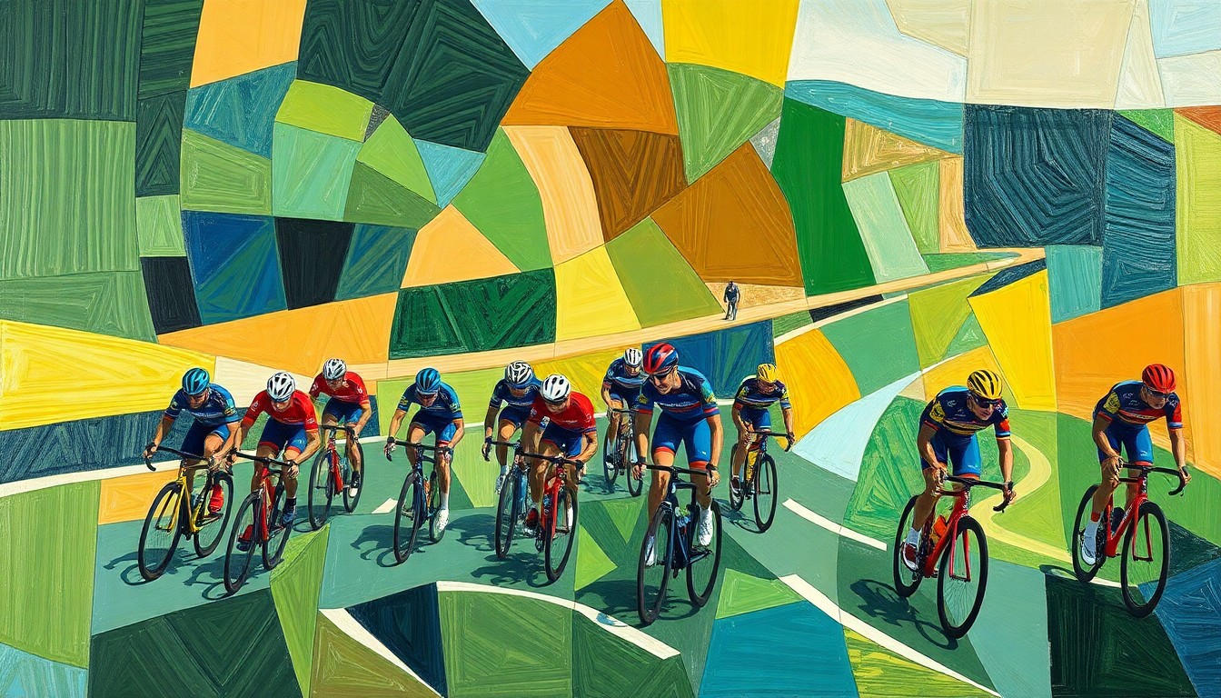 A fractured, geometric painting in vibrant greens, browns, and blues, depicting the overlapping planes and perspectives of a cycling race through the countryside.