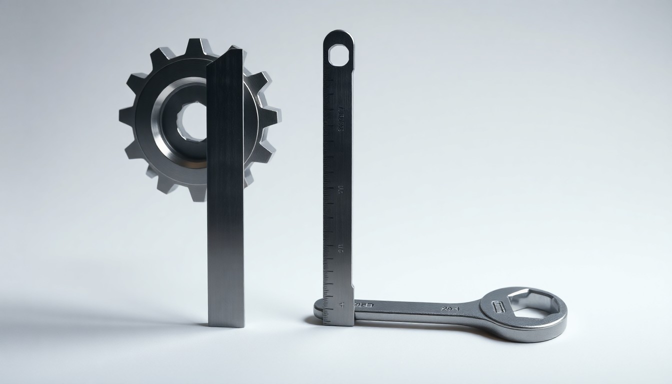 A photorealistic studio still life featuring a polished metal gear, ruler, and wrench arranged elegantly on a clean, monochromatic background, conceptually representing the resurgence of industrial production.