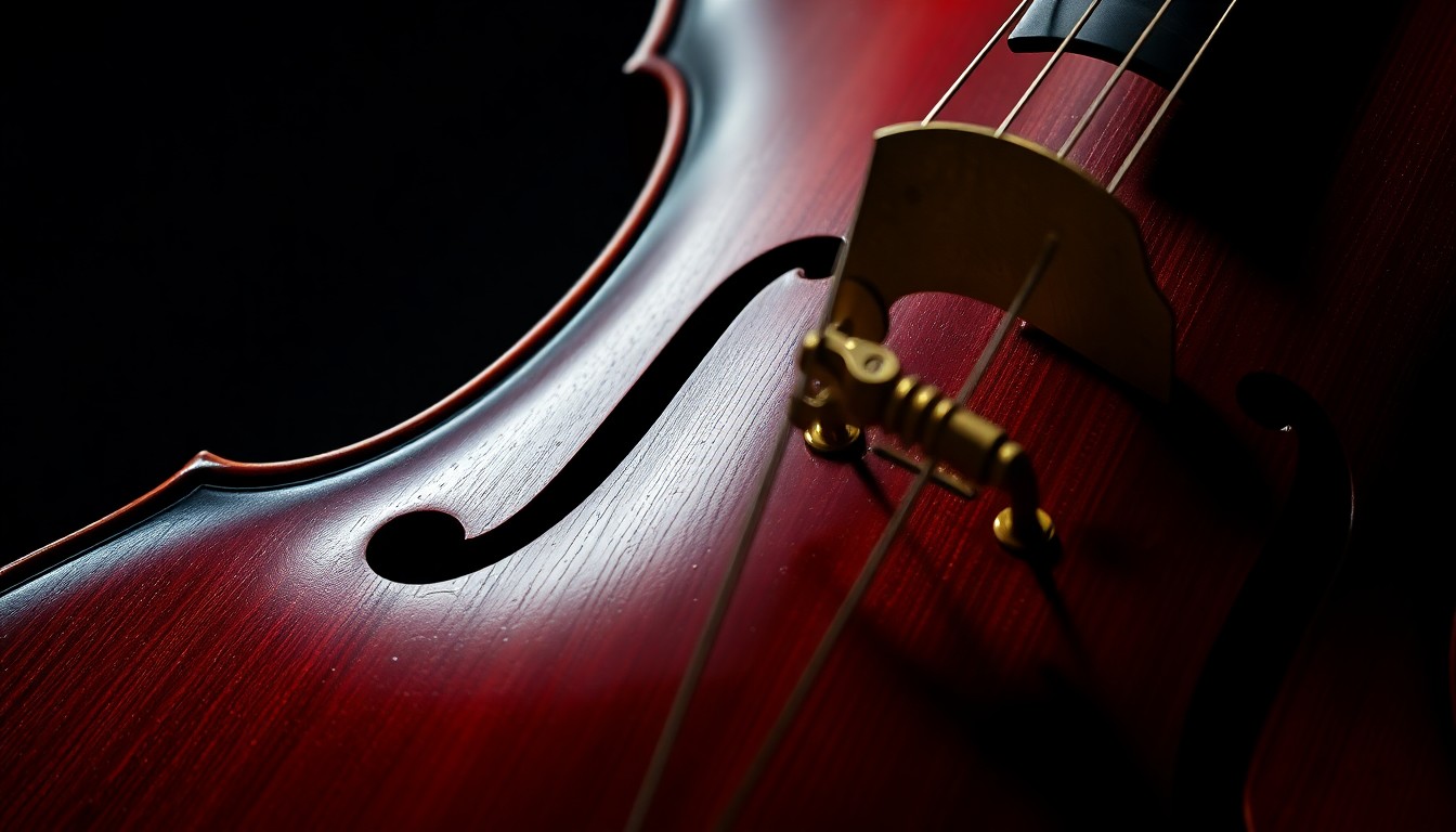 An extreme close-up photograph of the glossy, dark wood grain and intricate brass hardware of a cello, bathed in dramatic high-contrast studio lighting to create a luxurious, high-fashion aesthetic.