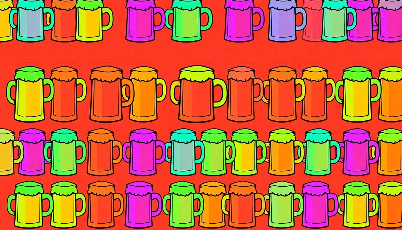 A brightly colored, high-contrast silkscreen print of a beer stein icon repeated in a tight grid pattern, conceptually representing the lively atmosphere and iconic imagery of a community trivia night at a local brewpub.