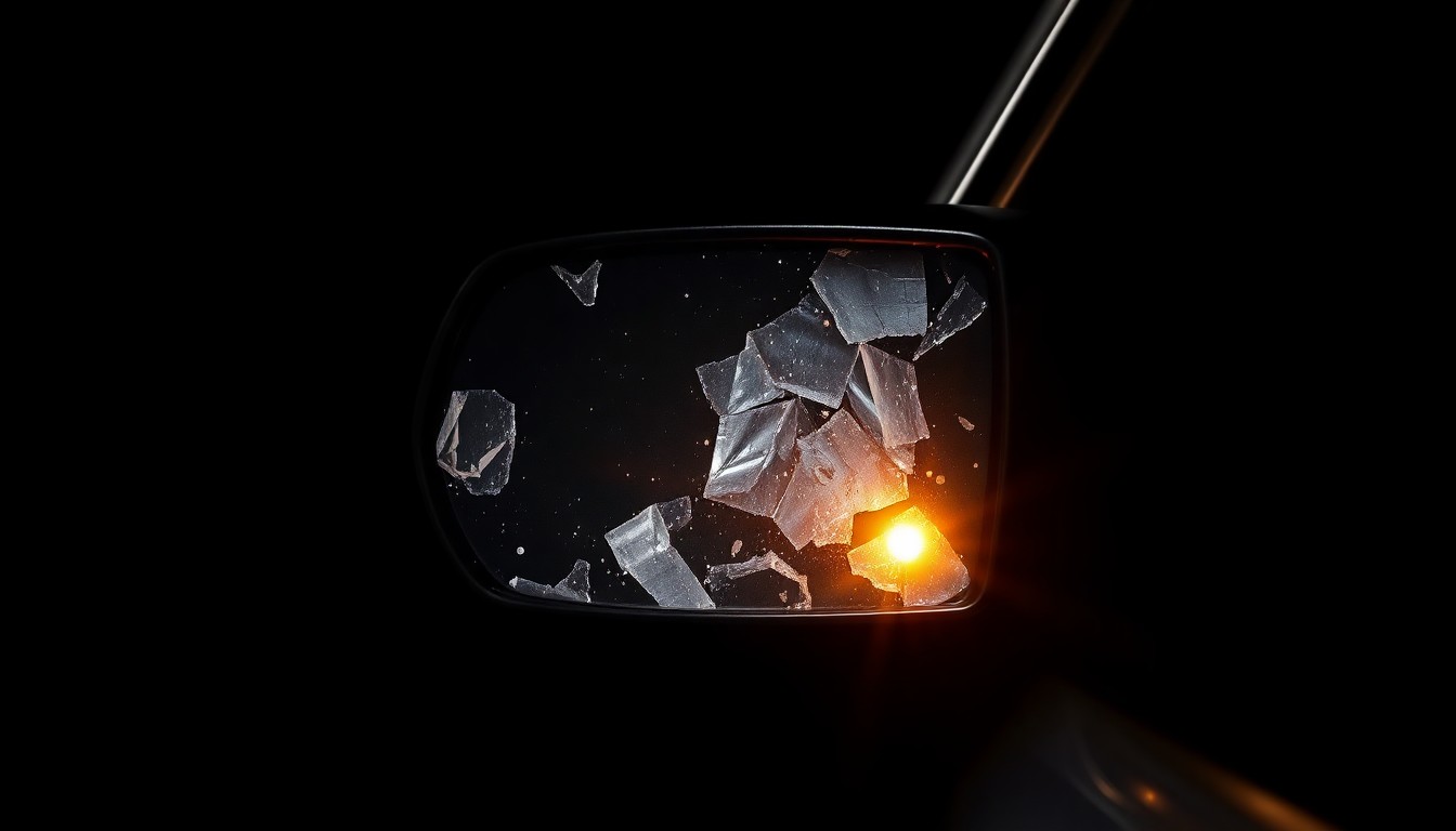 An extreme close-up photograph of a damaged police vehicle side mirror, reflecting a faint red light. The image has a stark, gritty, investigative aesthetic, conceptually illustrating the dangers faced by officers on patrol.