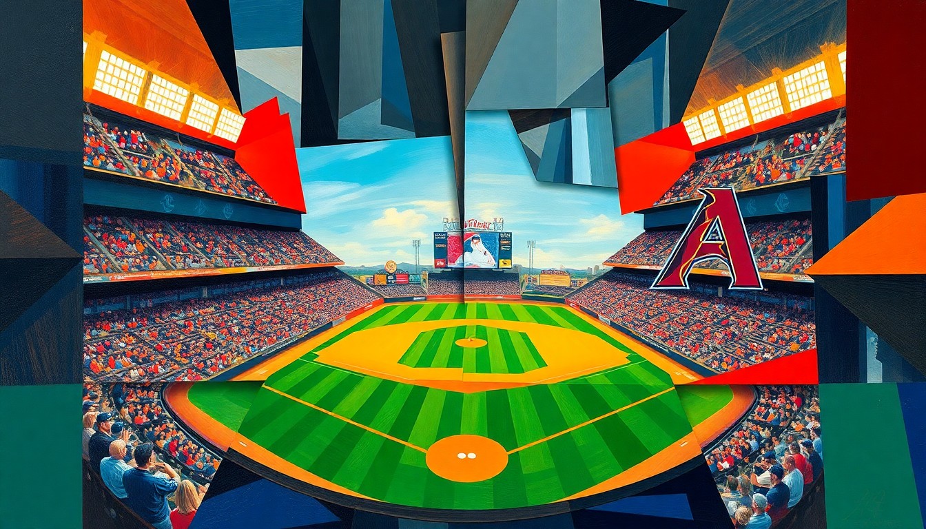 A fragmented, geometric painting depicting a baseball game, with players and field elements broken down into sharp, overlapping shapes and planes, conveying the intensity and movement of the sport.
