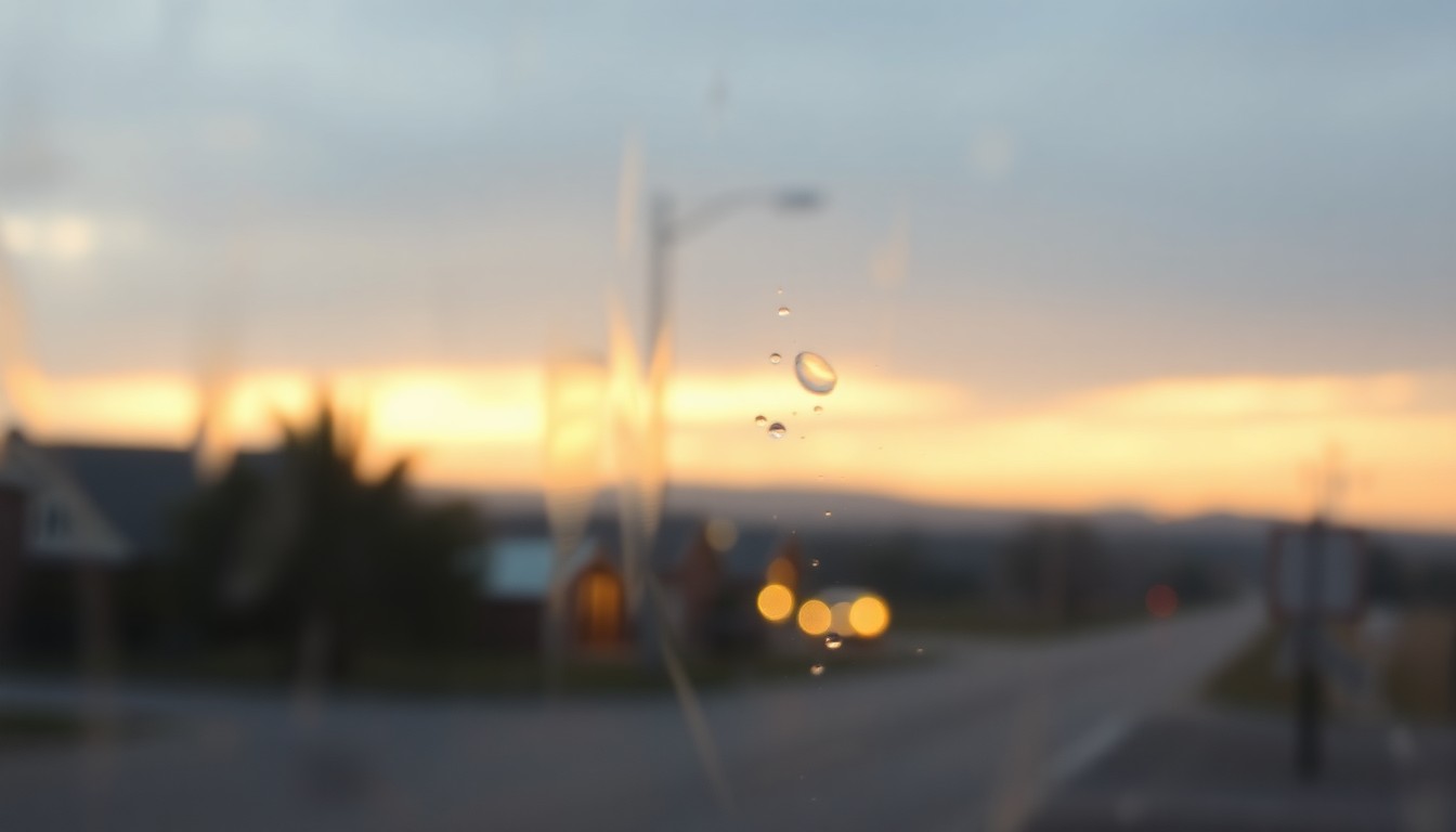 An impressionistic, out-of-focus photograph depicting a hazy, dreamlike scene of a small town at dusk, with muted colors and soft pools of warm light, conceptually representing the buried histories and selective narratives that shape a community's identity.