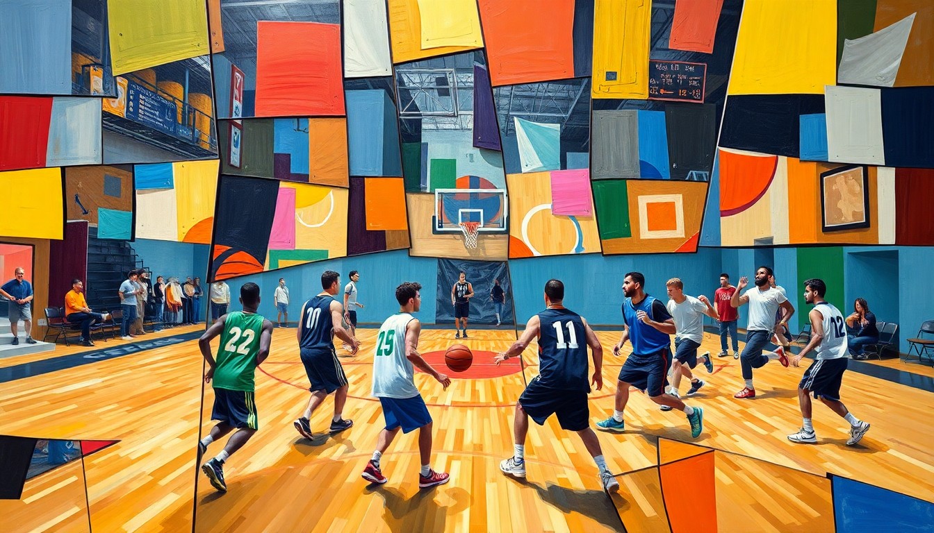 A cubist, geometric painting depicting the dynamic movements and energy of a basketball game or match involving Special Olympics athletes and their peers, with the players and court rendered in sharp, overlapping planes of vibrant colors.