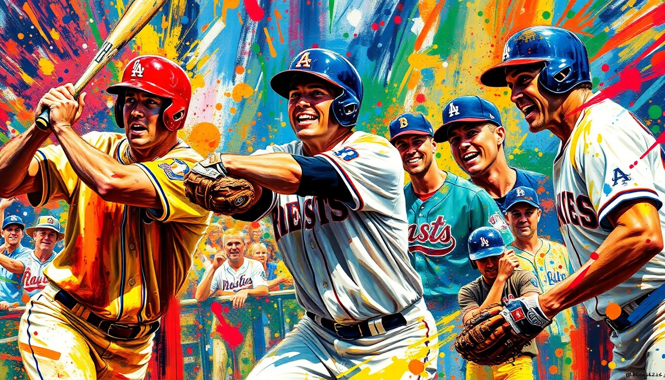 An abstract, energetic painting in neon colors depicting the chaotic action and high drama of a late-inning baseball comeback, with the players' forms blending into the frenetic brushstrokes.