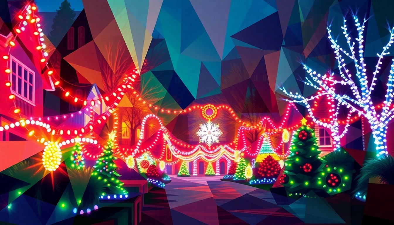 A vibrant, abstract painting of a glowing holiday lights display, with overlapping geometric shapes and waves of bright, neon-like colors, conceptually representing the energy and motion of the Sleepy Hollow neighborhood tradition.