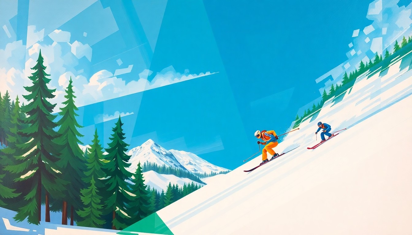 A fractured, geometric painting depicting the motion and energy of a ski race, with sharp planes of color and overlapping shapes representing the speed and competition of the event.
