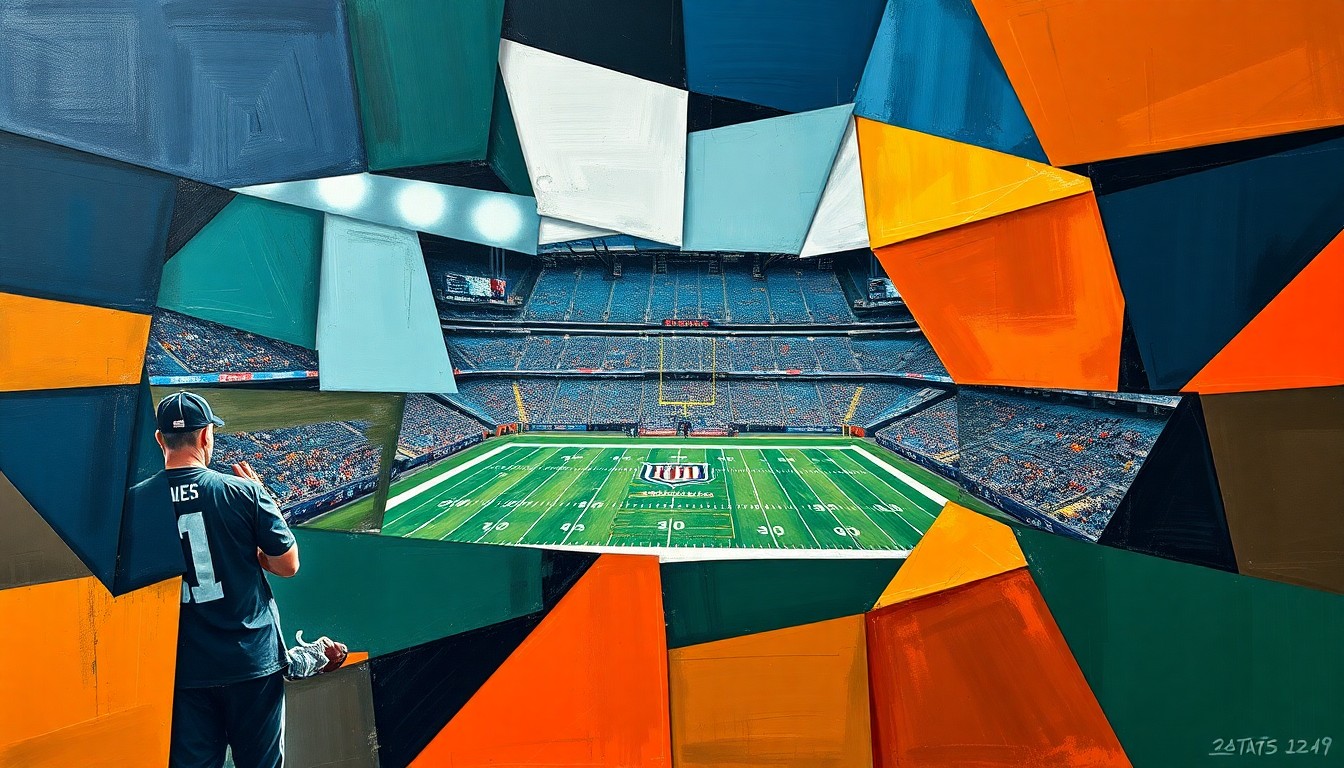 A fractured, cubist-style painting depicting the energy and excitement of the NFL Draft, with geometric shapes and planes in shades of navy, green, and orange representing the various players, teams, and action of the event.