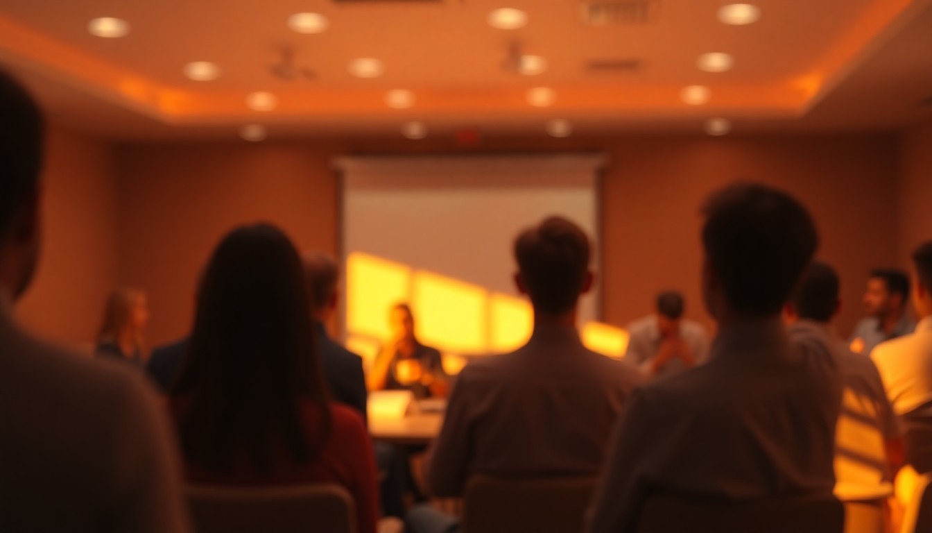 An abstract, impressionistic photograph of a group of people in a meeting, with soft, blurred shapes and warm, glowing colors creating a contemplative, introspective atmosphere.