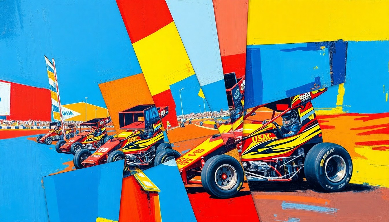 A cubist, geometric painting depicting a USAC sprint car race at the Terre Haute Action Track, with the car and track broken down into overlapping planes of vibrant colors.