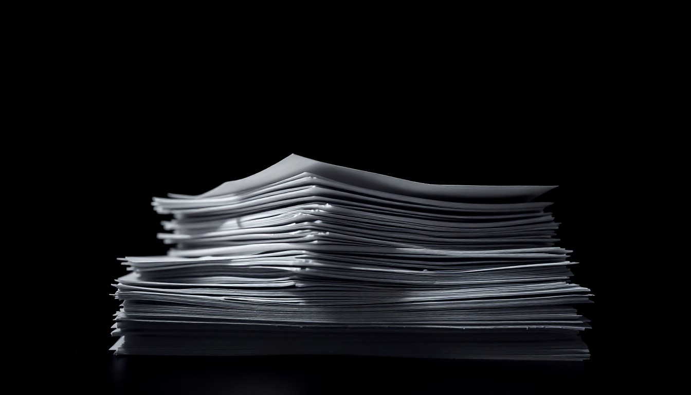 An extreme close-up photograph of a stack of medical documents and files, lit by a harsh, direct camera flash against a pitch-black background, conveying a stark, gritty, investigative mood about a major health care fraud case.