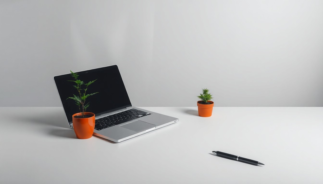 A minimalist, high-end studio still life photograph featuring a clean, modern desk with a laptop, a pen, and a small potted plant, conceptually representing the abstract idea of employment and workplace policies around cannabis use.