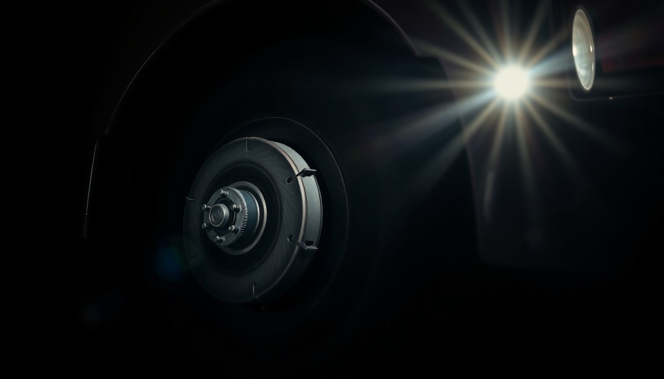 An extreme close-up photograph of a commercial truck's cracked brake rotor, capturing the stark, gritty details of the damaged equipment that poses a serious safety risk.